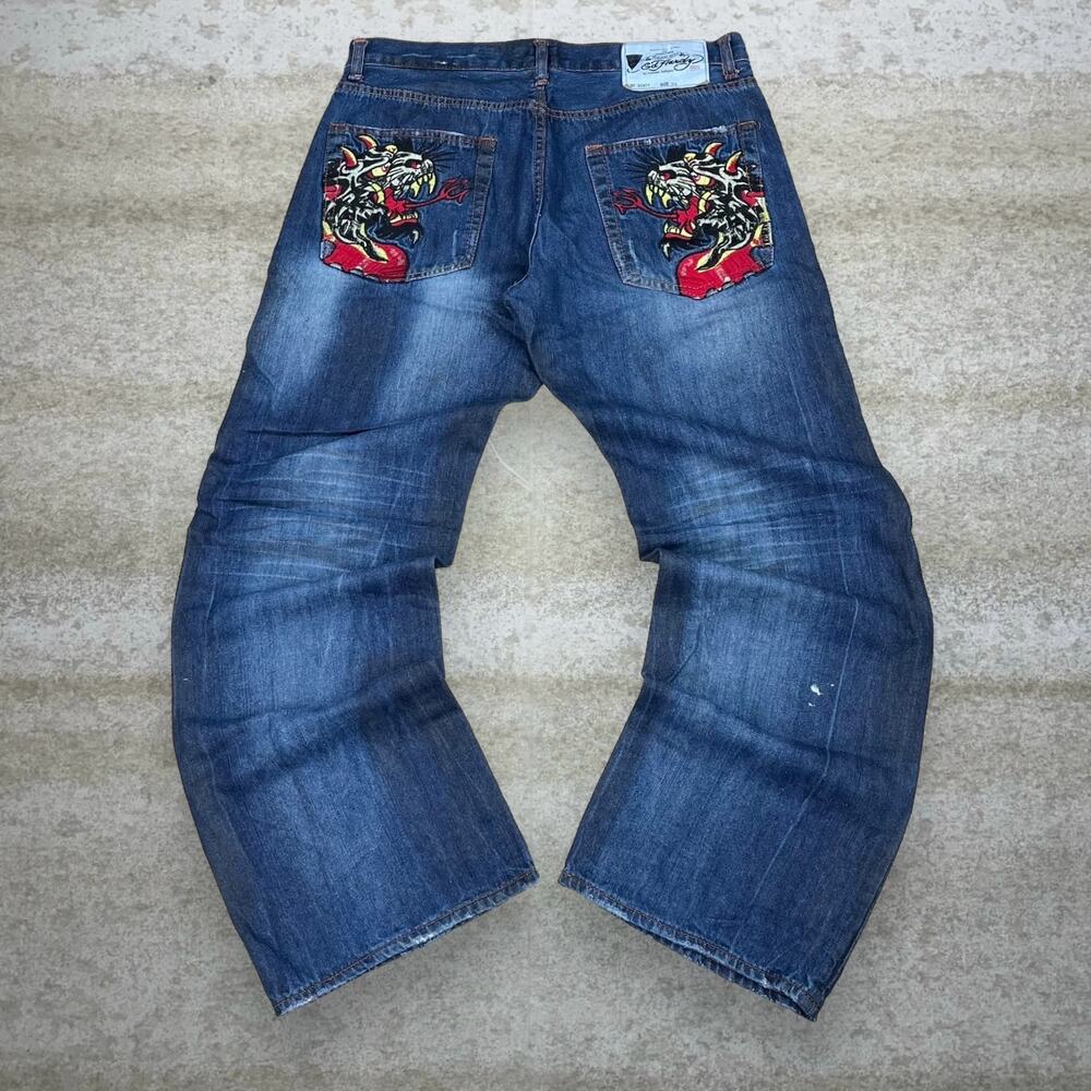 Vintage Y2K Ed Hardy Skater Jeans 34x32 Baggy Wide Leg Dark Wash Denim Rap Style